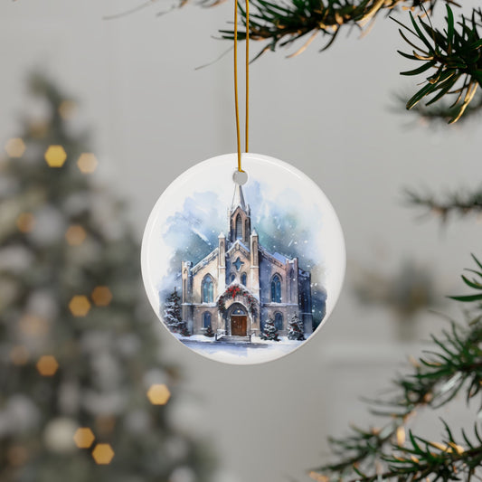Blue Church Ceramic Christmas Ornaments