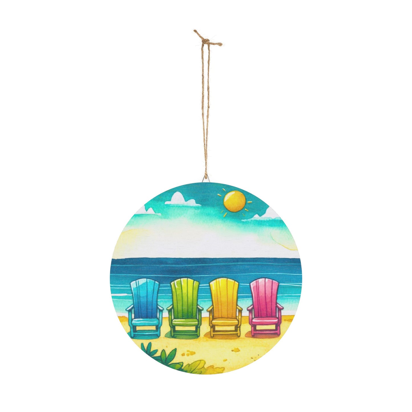 Beach Chairs Round Wood Sign - Colorful Coastal Wall Decor