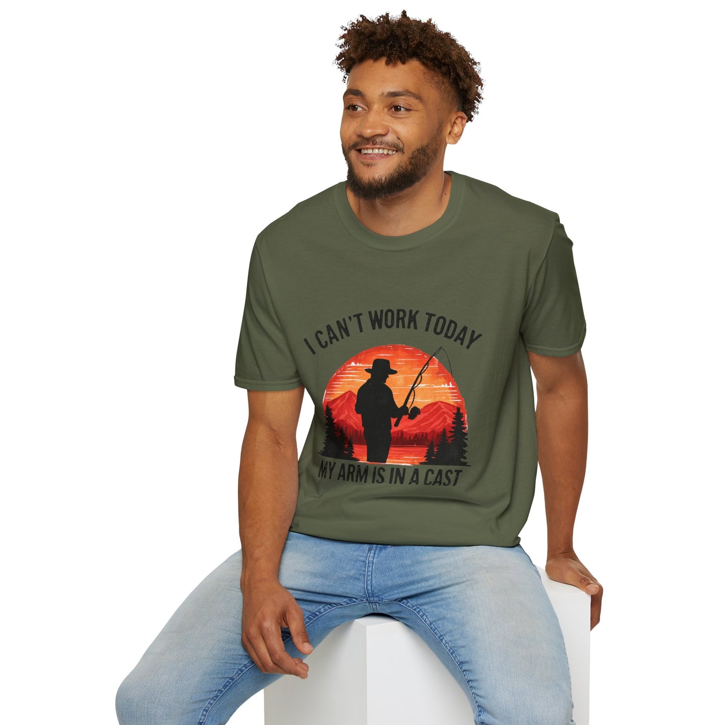 Fishing T-Shirt — "I Can't Work Today, My Arm Is in a Cast" Vintage Sunset Gift
