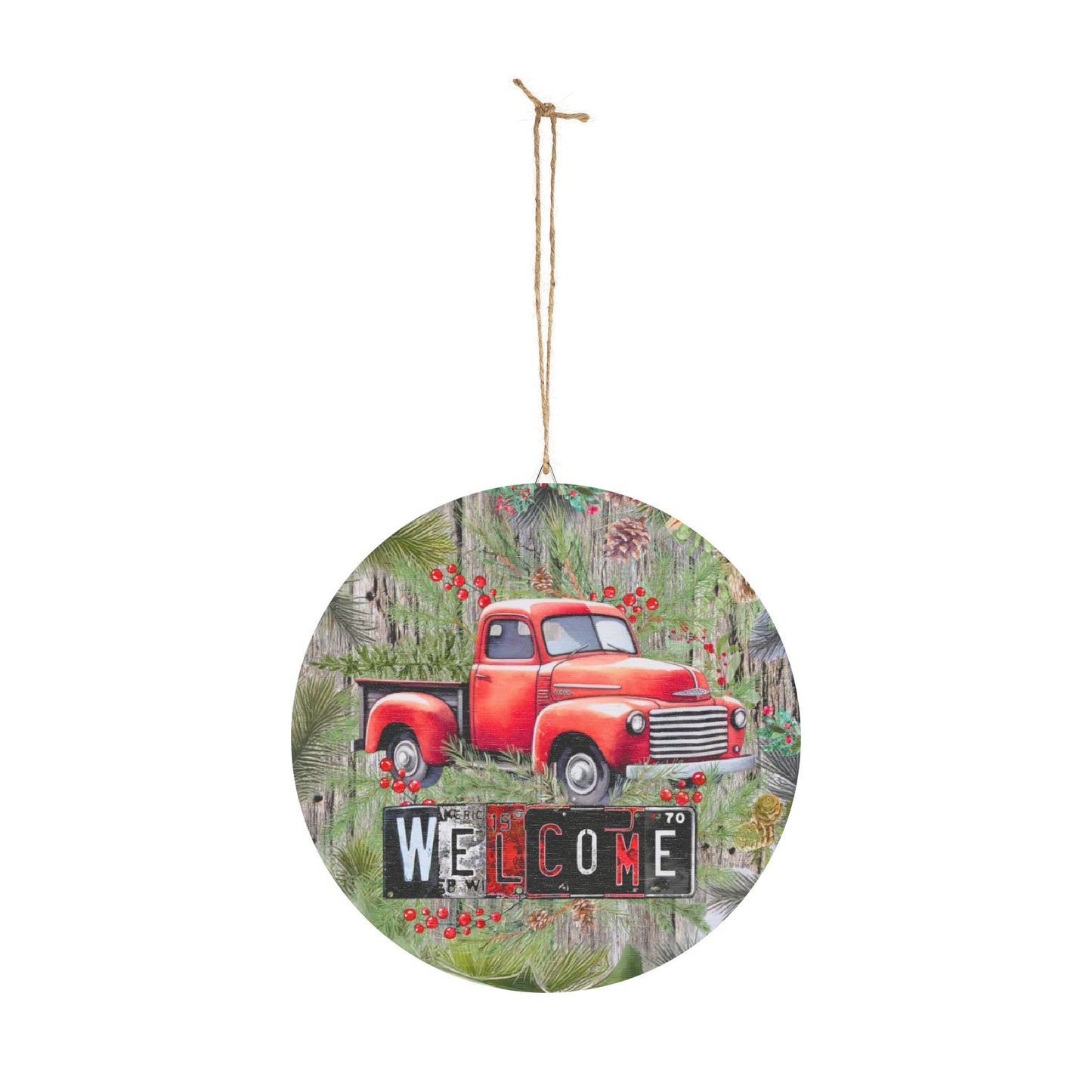 Welcome Red Truck Round Wood Sign — Rustic Farmhouse Décor for Porch, Entryway & Holiday (Welcome Text)