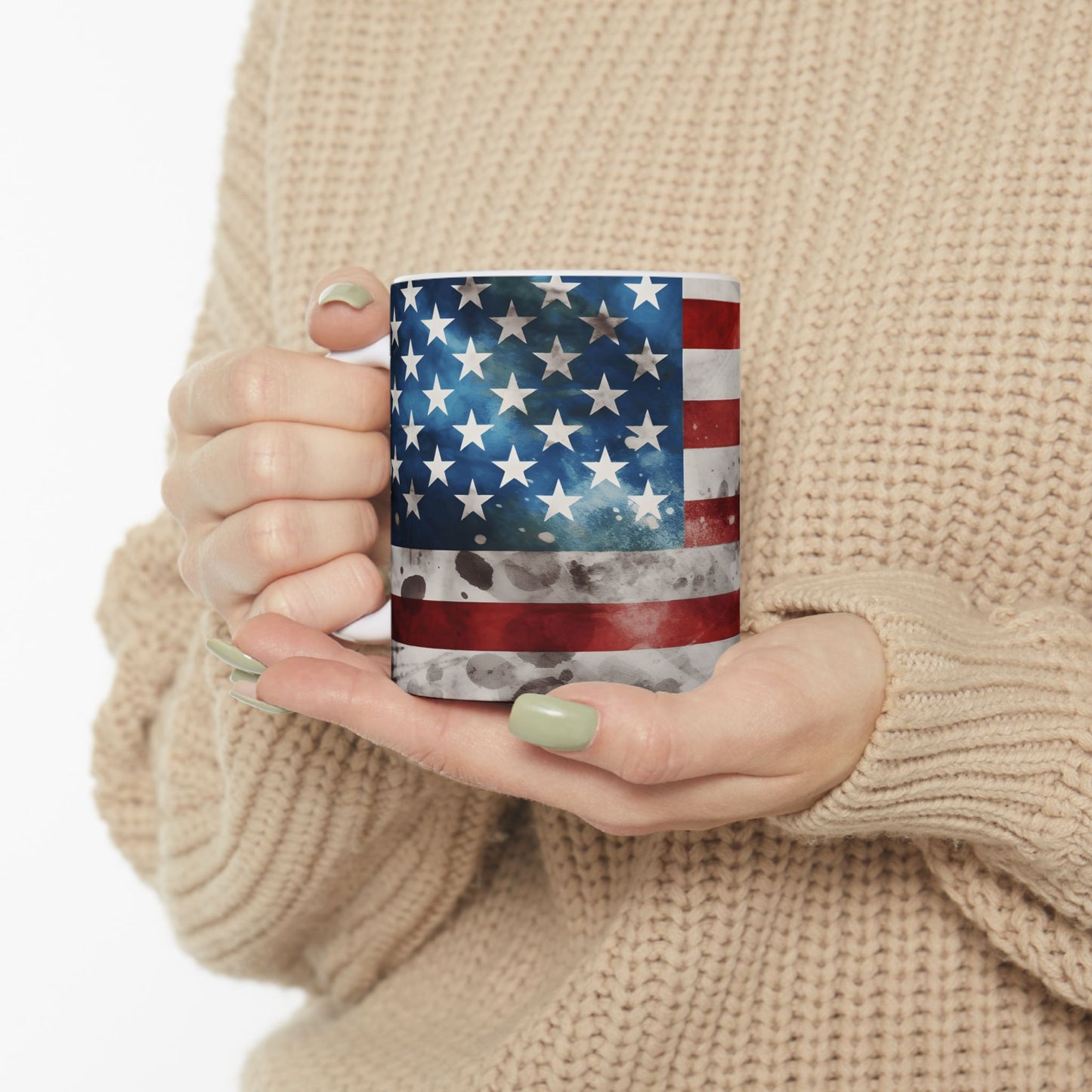 American Flag Ceramic Mug — Vintage Distressed USA Patriotic Coffee Cup (11oz, 15oz)
