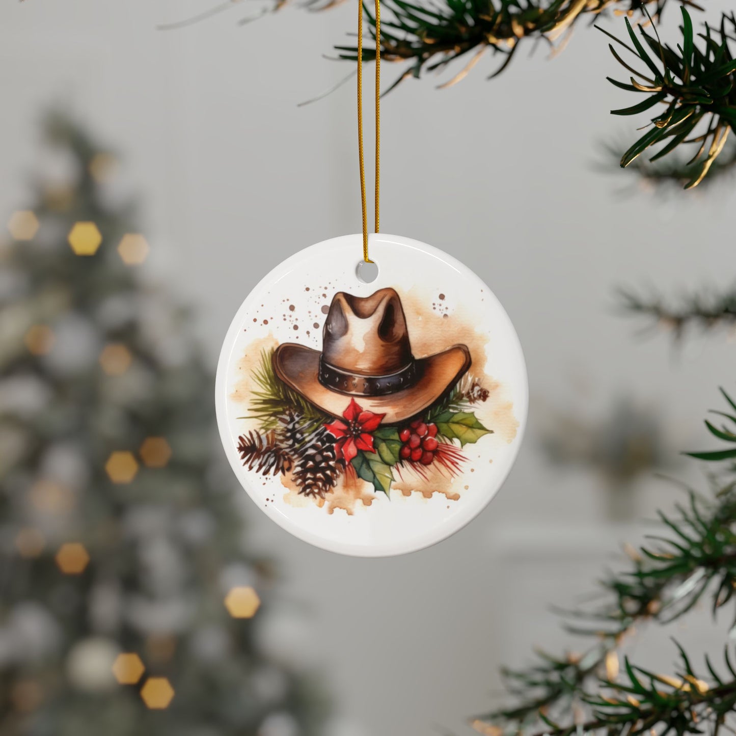 Rustic Cowboy Hat Christmas Ceramic Ornaments - 2-Sided Holiday Decor