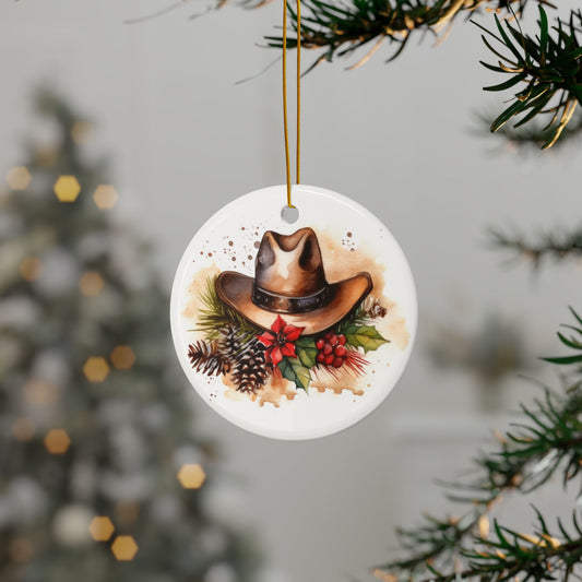 Rustic Cowboy Hat Christmas Ceramic Ornaments - 2-Sided Holiday Decor