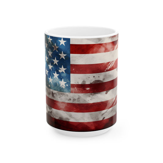 American Flag Ceramic Mug — Vintage Distressed USA Patriotic Coffee Cup (11oz, 15oz)