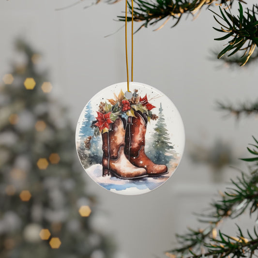 Rustic Cowboy Boots Christmas Holiday Ceramic Ornaments -  2-Sided Print