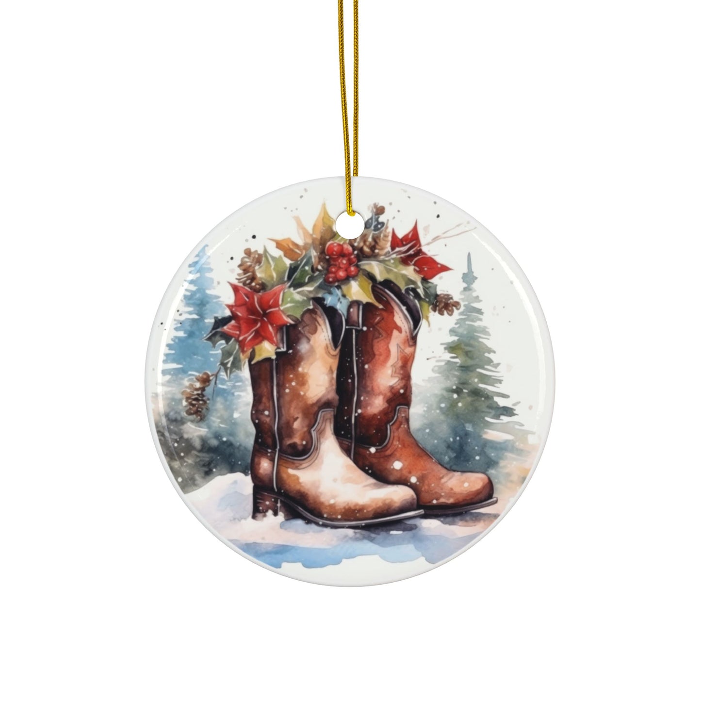 Rustic Cowboy Boots Christmas Holiday Ceramic Ornaments -  2-Sided Print