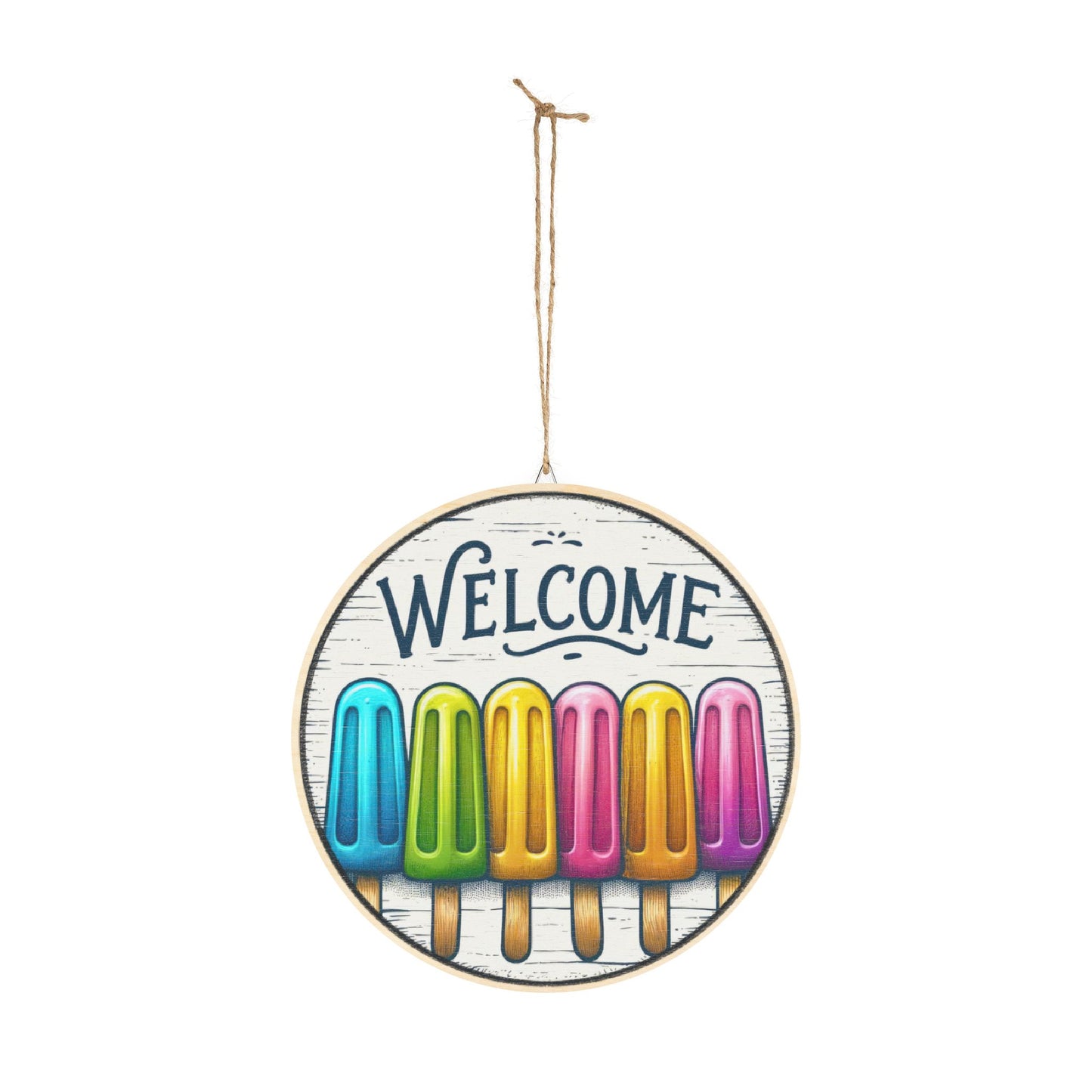 Welcome Popsicle Summer Wood Sign – Colorful Round Rustic Wall Decor