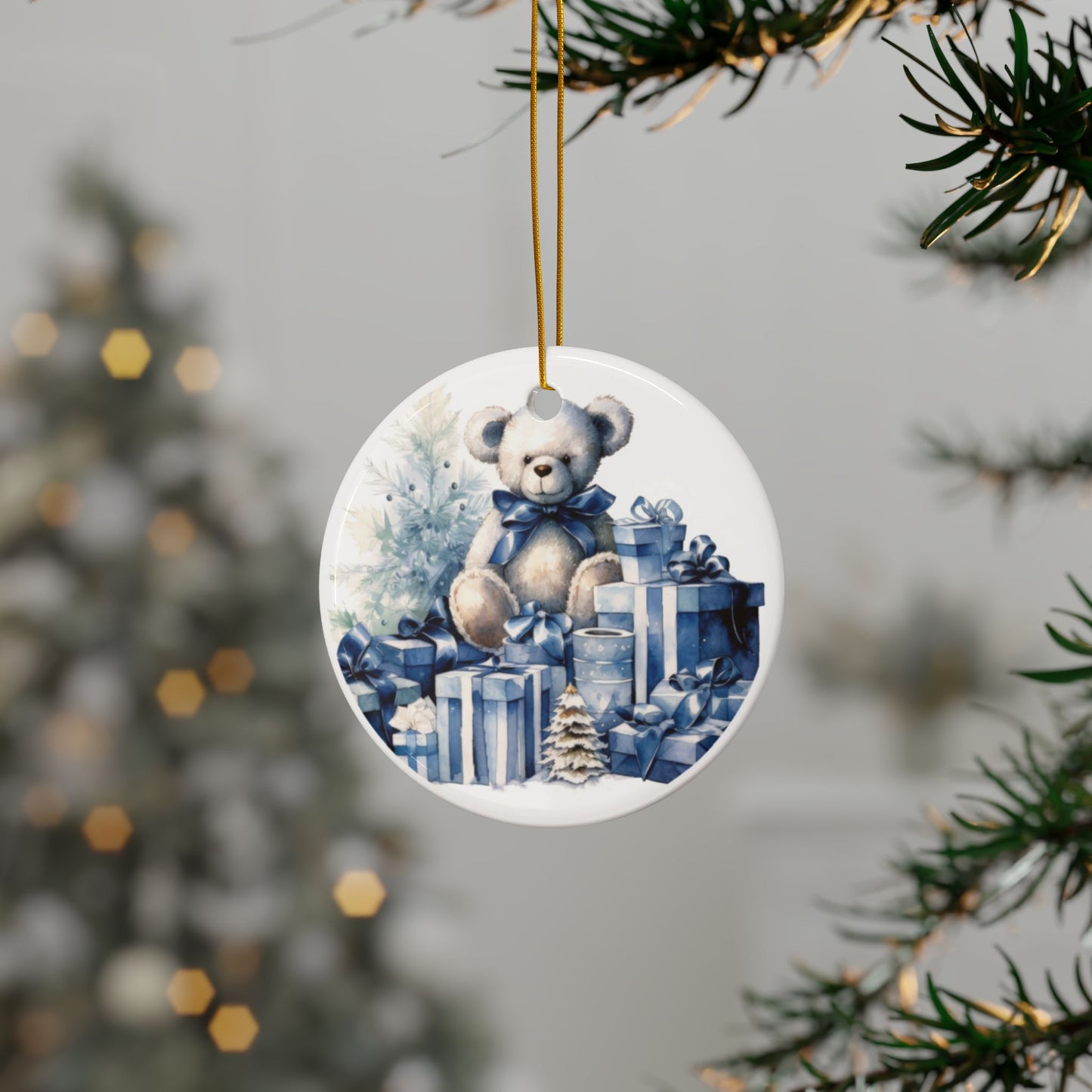Blue Teddy Bear Christmas Ornaments - 2-Side Print - Holiday Decorations