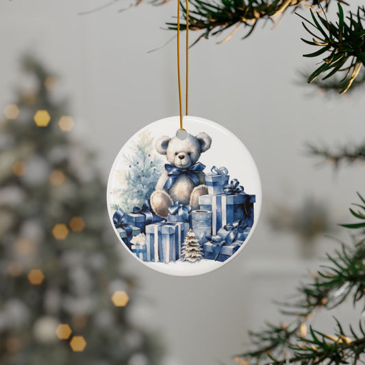 Blue Teddy Bear Christmas Ornaments - 2-Side Print - Holiday Decorations