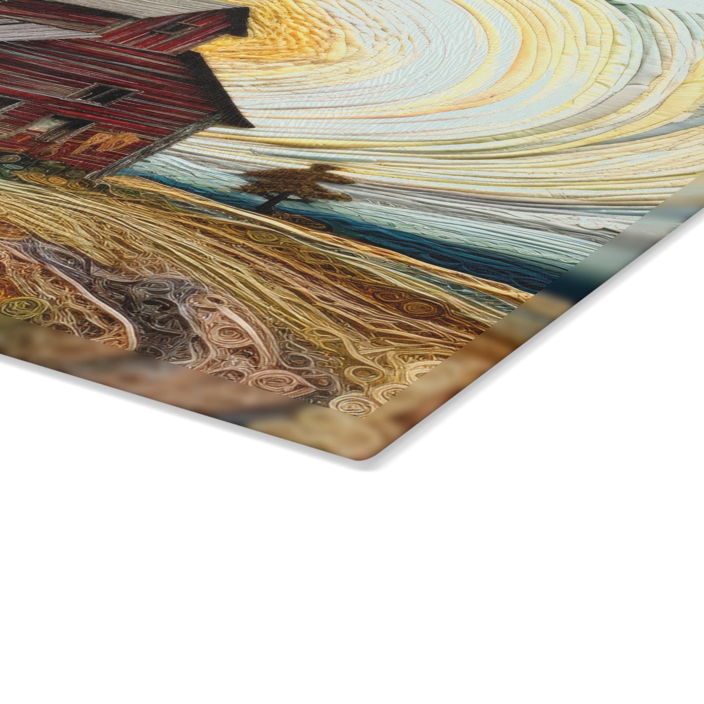 Barn Landscape Glass Cutting Board — Rustic Farmhouse Kitchen Art
