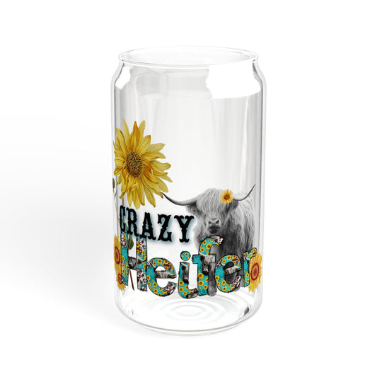 "Crazy Healer" Sunflower Cow 16oz Reusable Tumbler Sipper Glass