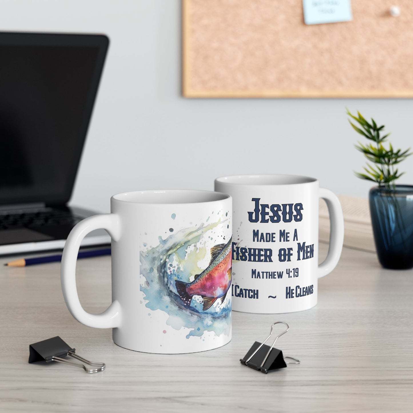 Jesus Made Me A Fisher Of Men Mug — Rainbow Trout Christian Faith Coffee Cup