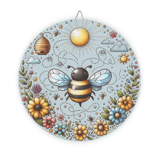 Bee Floral Round Wood Sign — Cute Cottagecore Garden Wall Décor
