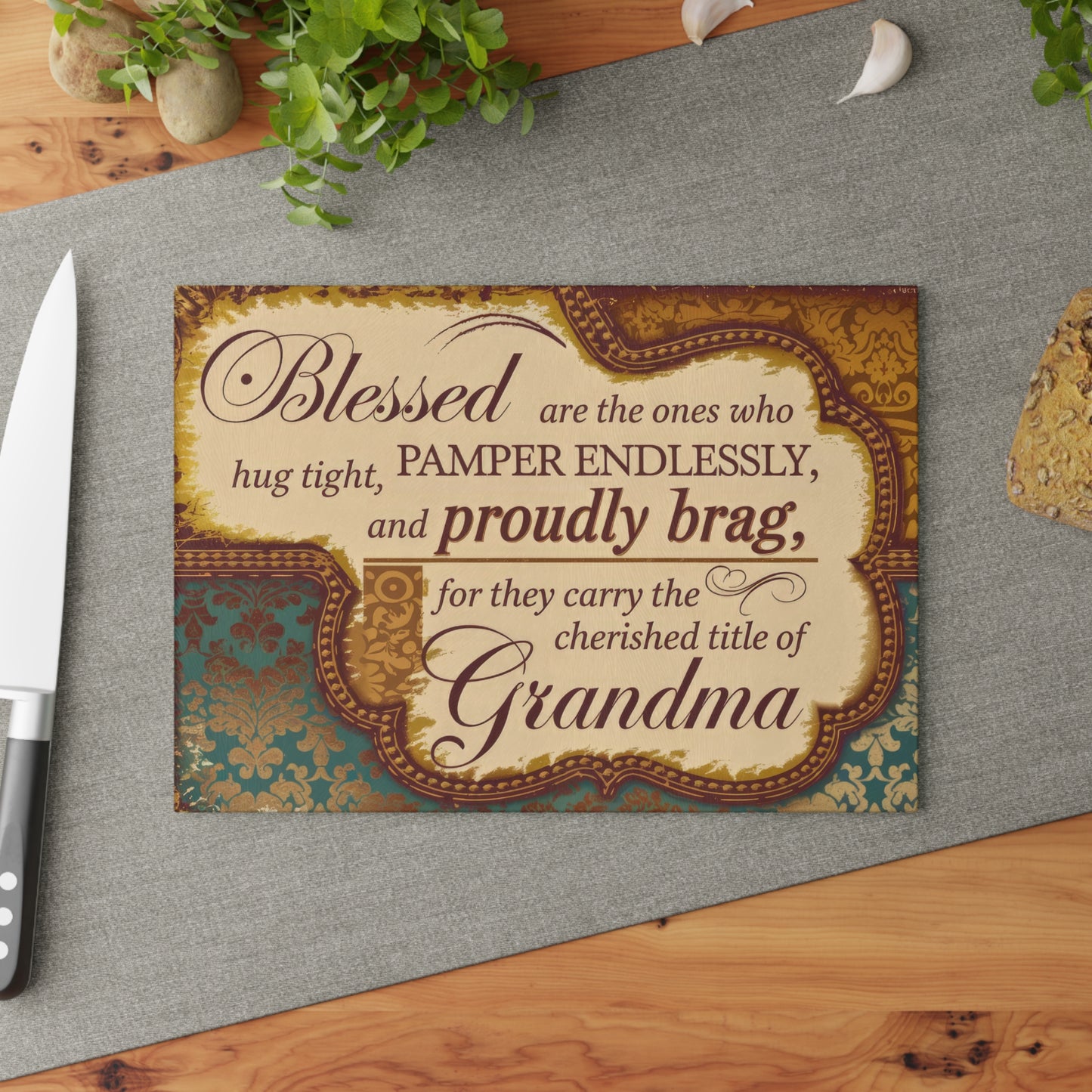 Grandma Decorative Glass Cutting Board – "Blessed...cherished title of Grandma" Kitchen Gift