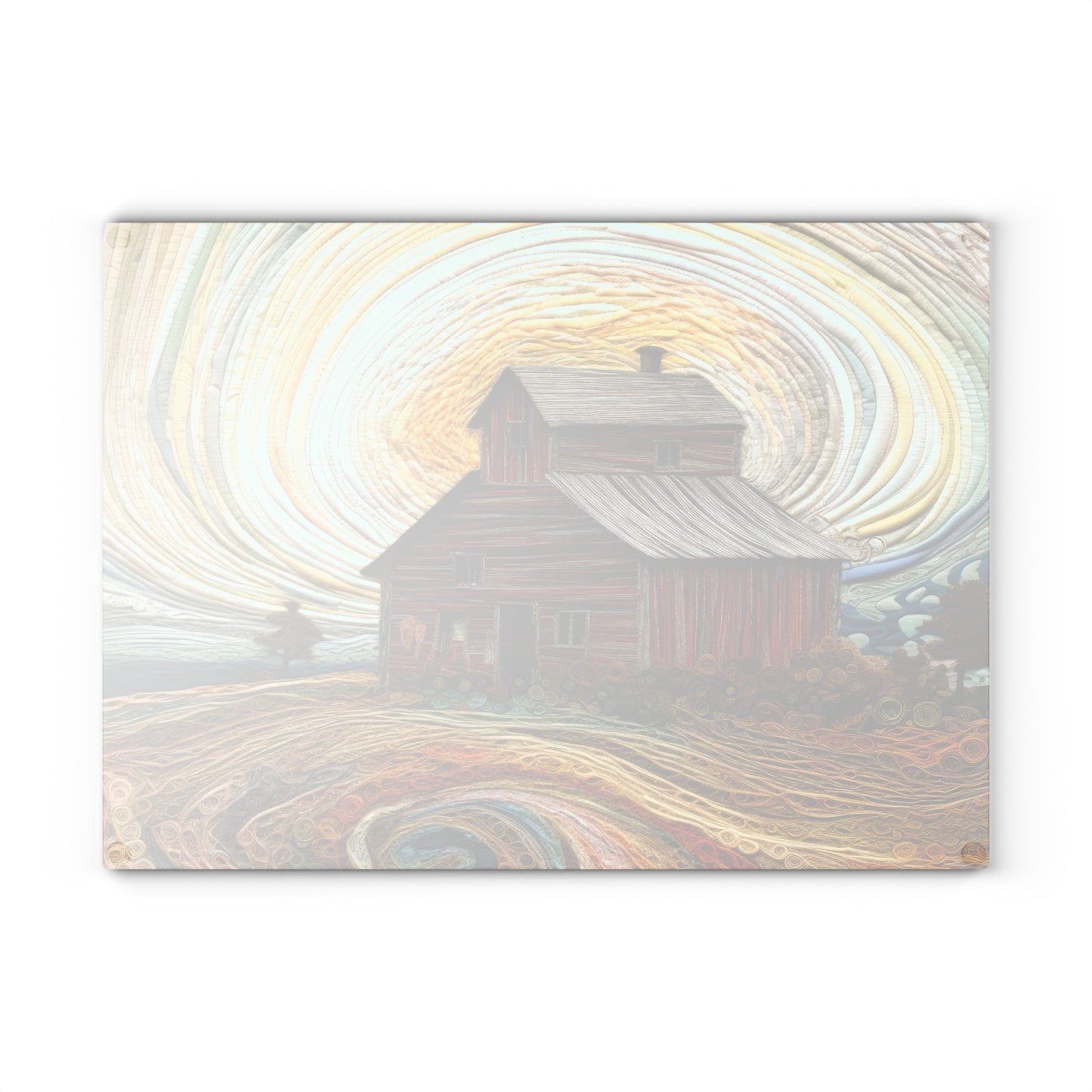 Barn Landscape Glass Cutting Board — Rustic Farmhouse Kitchen Art
