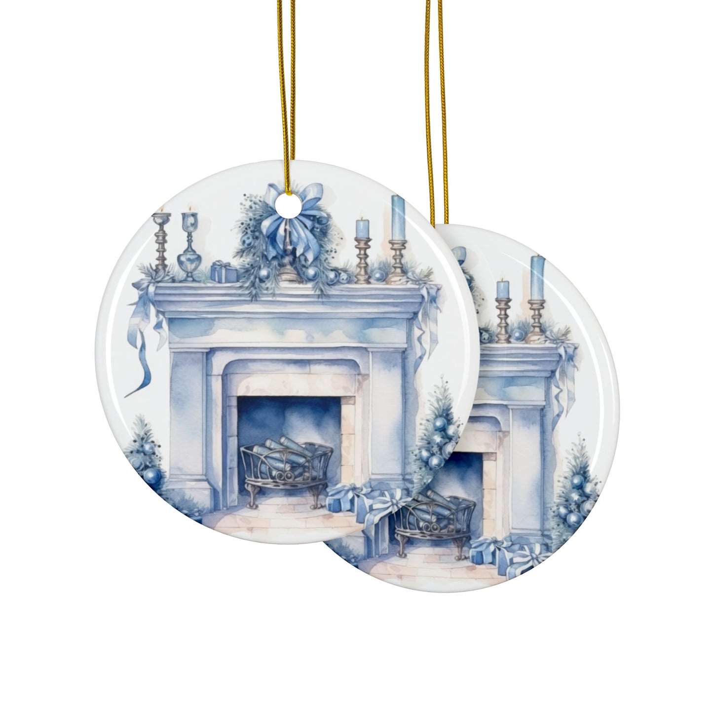 Blue Winter Fireplace Design Ceramic Christmas Ornaments - , 2-Sided Print, Perfect Holiday Decor