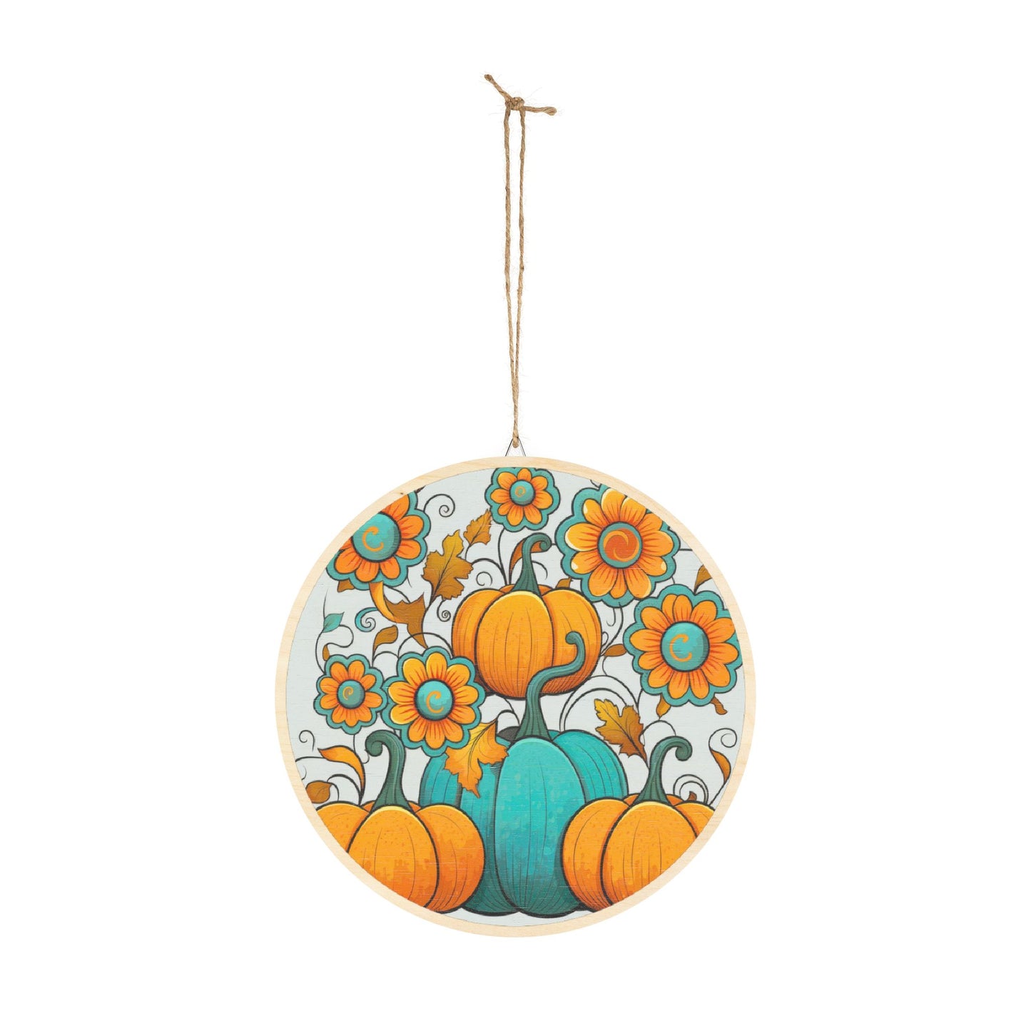 Round Autumn Pumpkin Wood Sign — Teal & Orange Fall Door Hanger