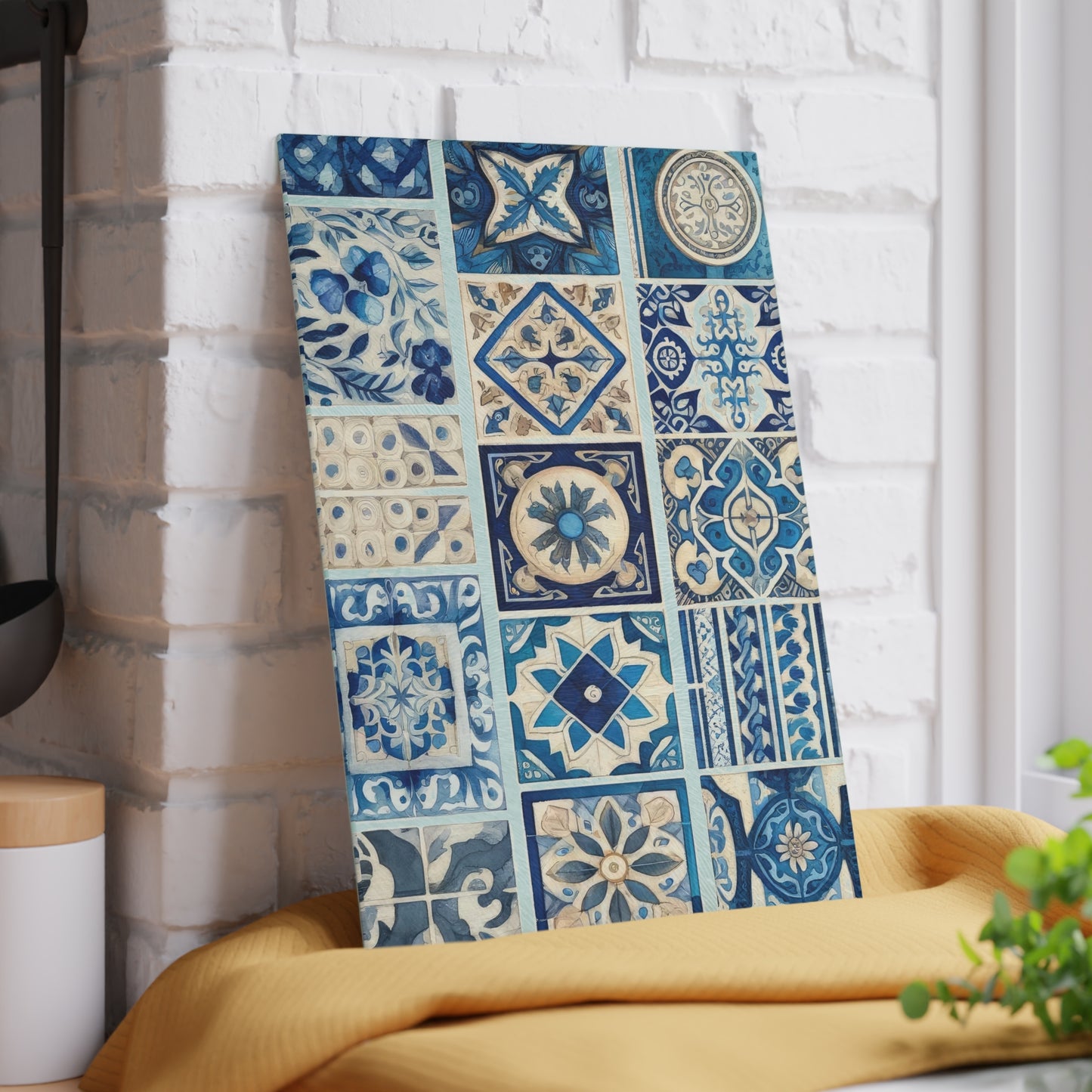 Blue Tile Pattern Glass Cutting Board — Mediterranean Mosaic Kitchen Board