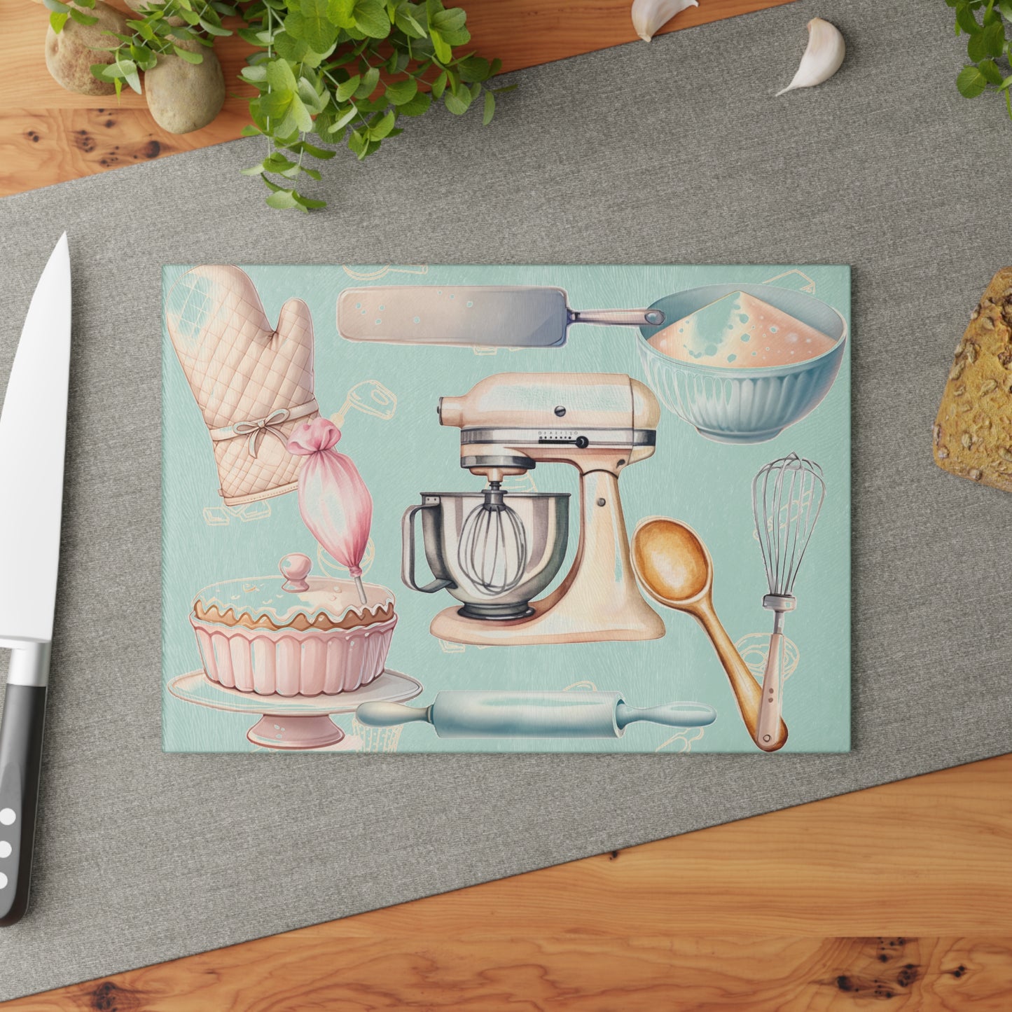 Pastel Baking Kitchen Glass Cutting Board — Mixer & Bakeware Design