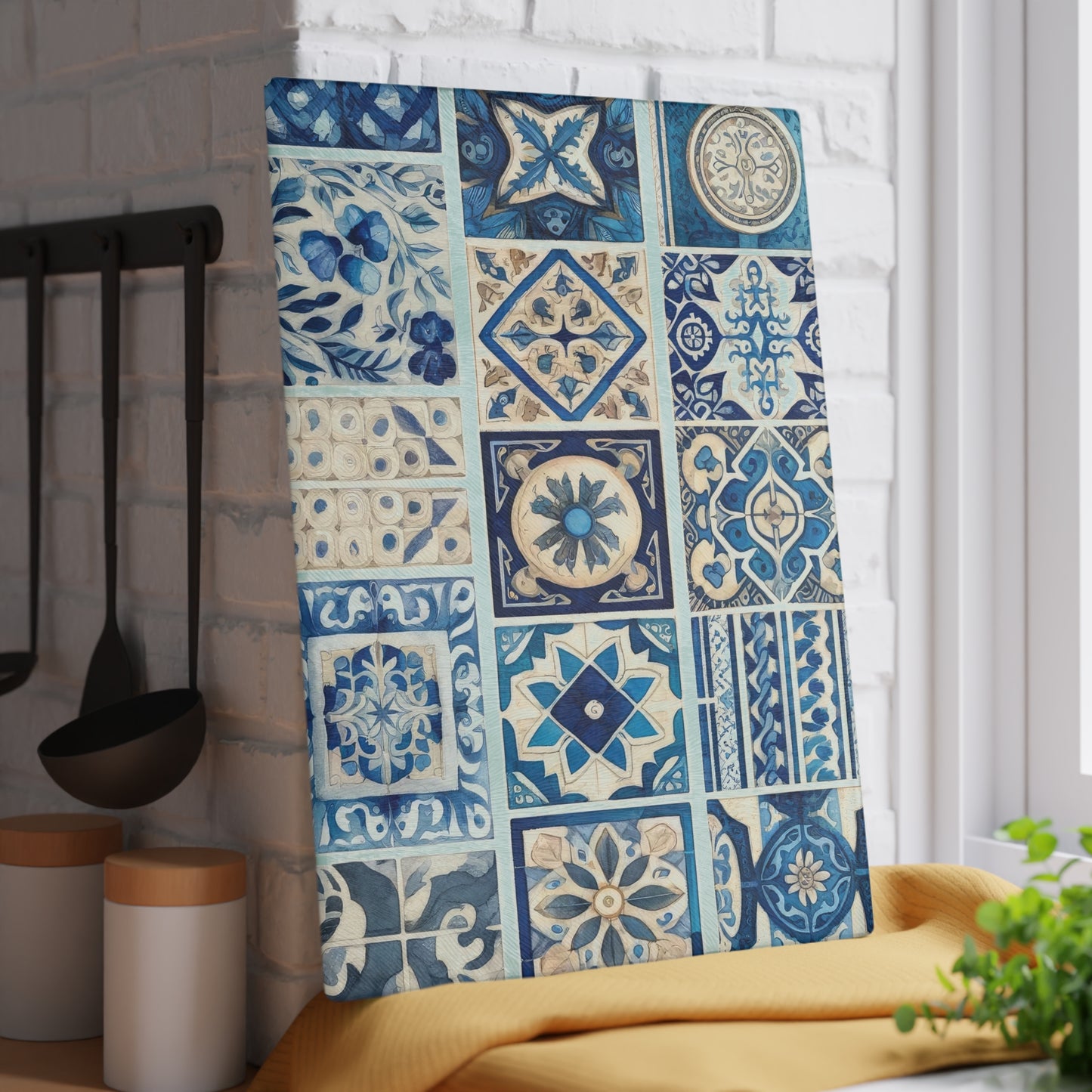 Blue Tile Pattern Glass Cutting Board — Mediterranean Mosaic Kitchen Board