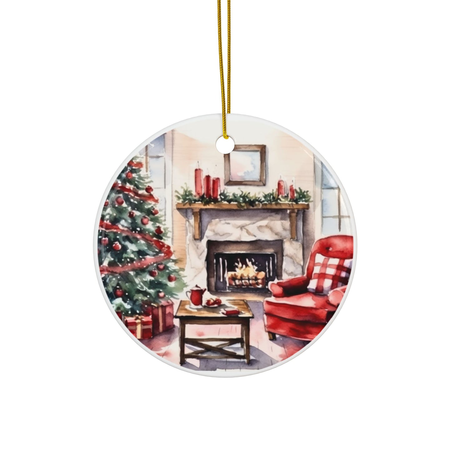 Cozy Living Room Christmas Ceramic Ornaments - 2-Sided Print
