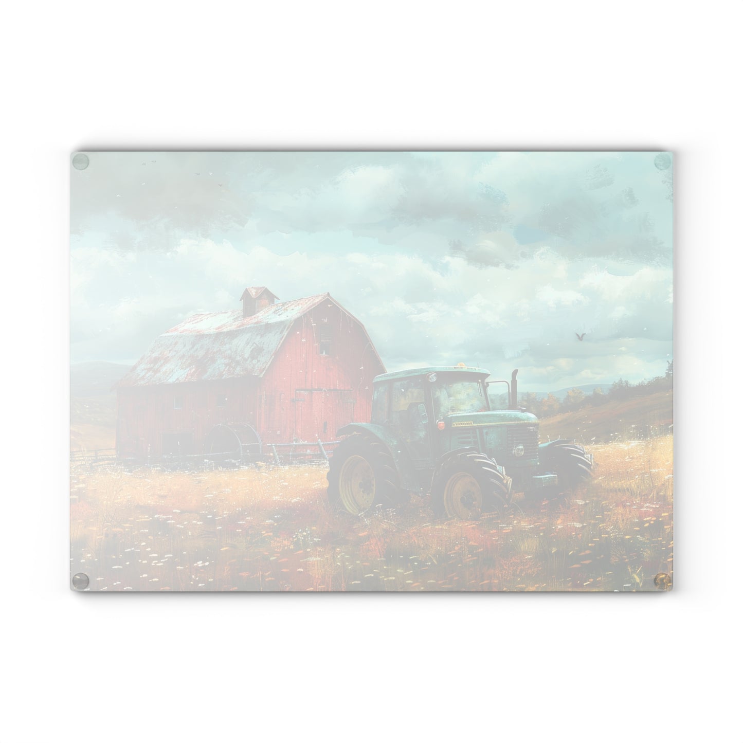 Vintage Tractor & Red Barn Glass Cutting Board — Kitchen Serving Board