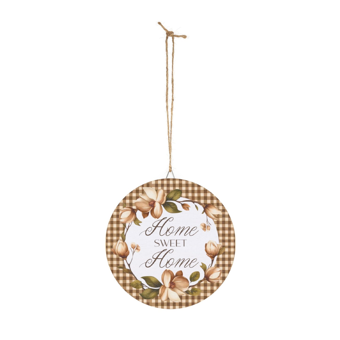 Wood Sign - "Home Sweet Home" Floral Gingham Round Wall Decor