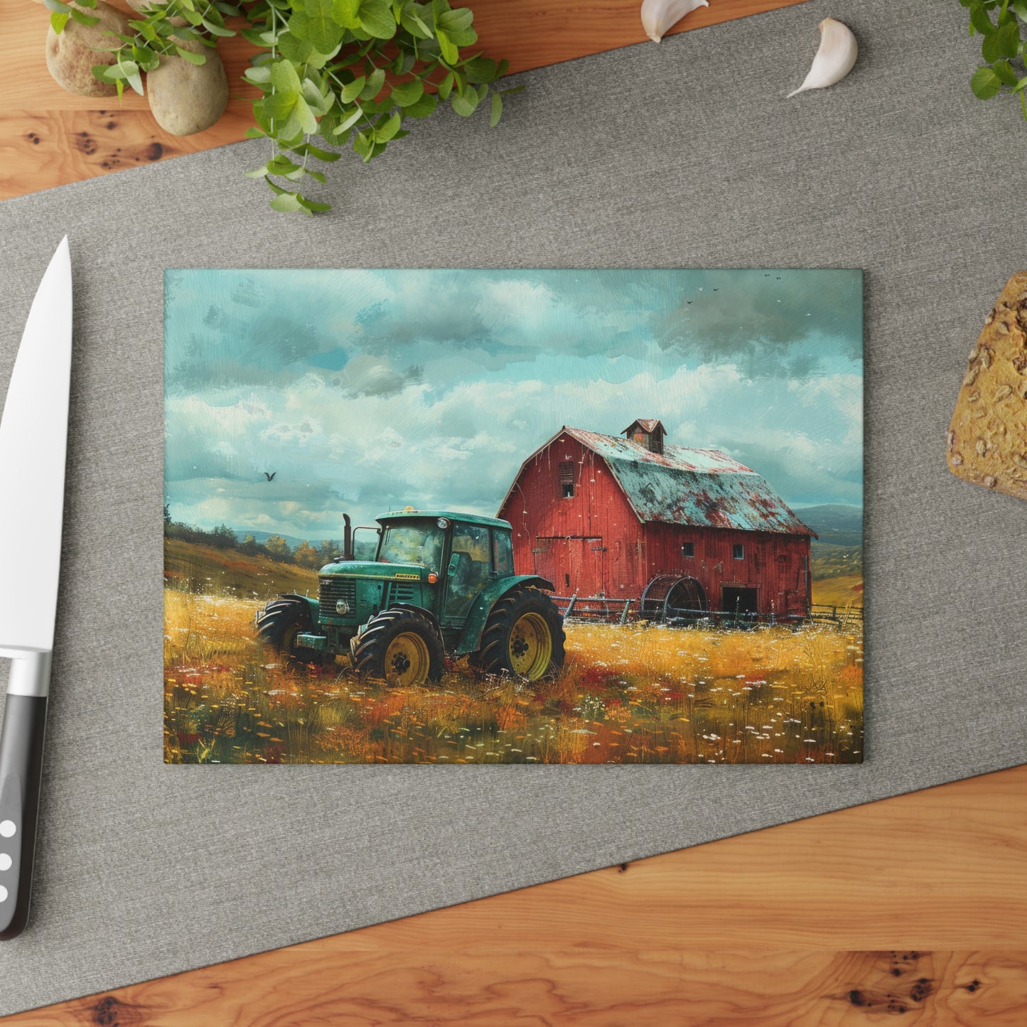 Vintage Tractor & Red Barn Glass Cutting Board — Kitchen Serving Board
