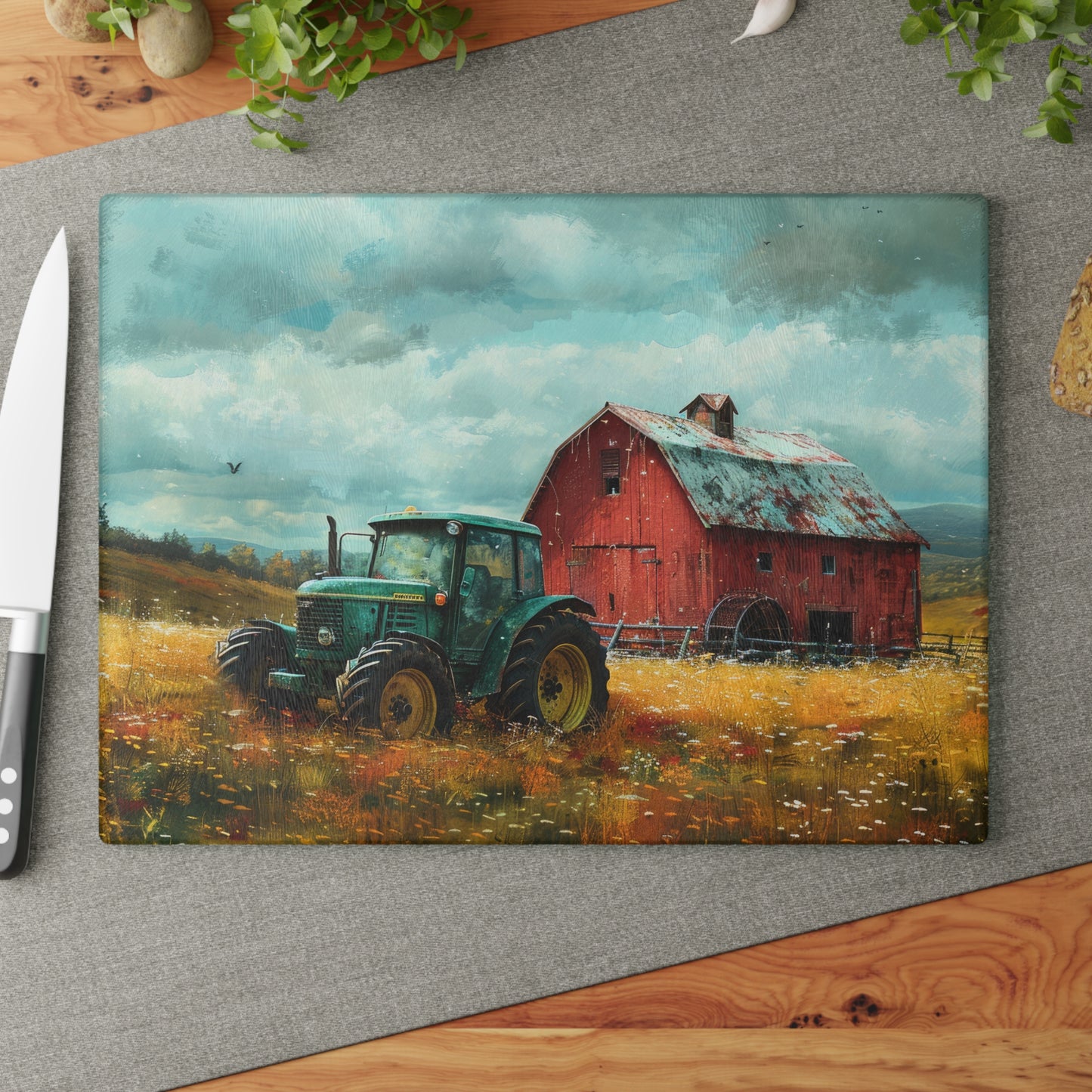 Vintage Tractor & Red Barn Glass Cutting Board — Kitchen Serving Board