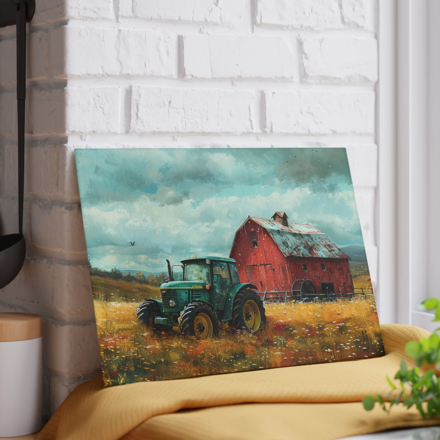 Vintage Tractor & Red Barn Glass Cutting Board — Kitchen Serving Board