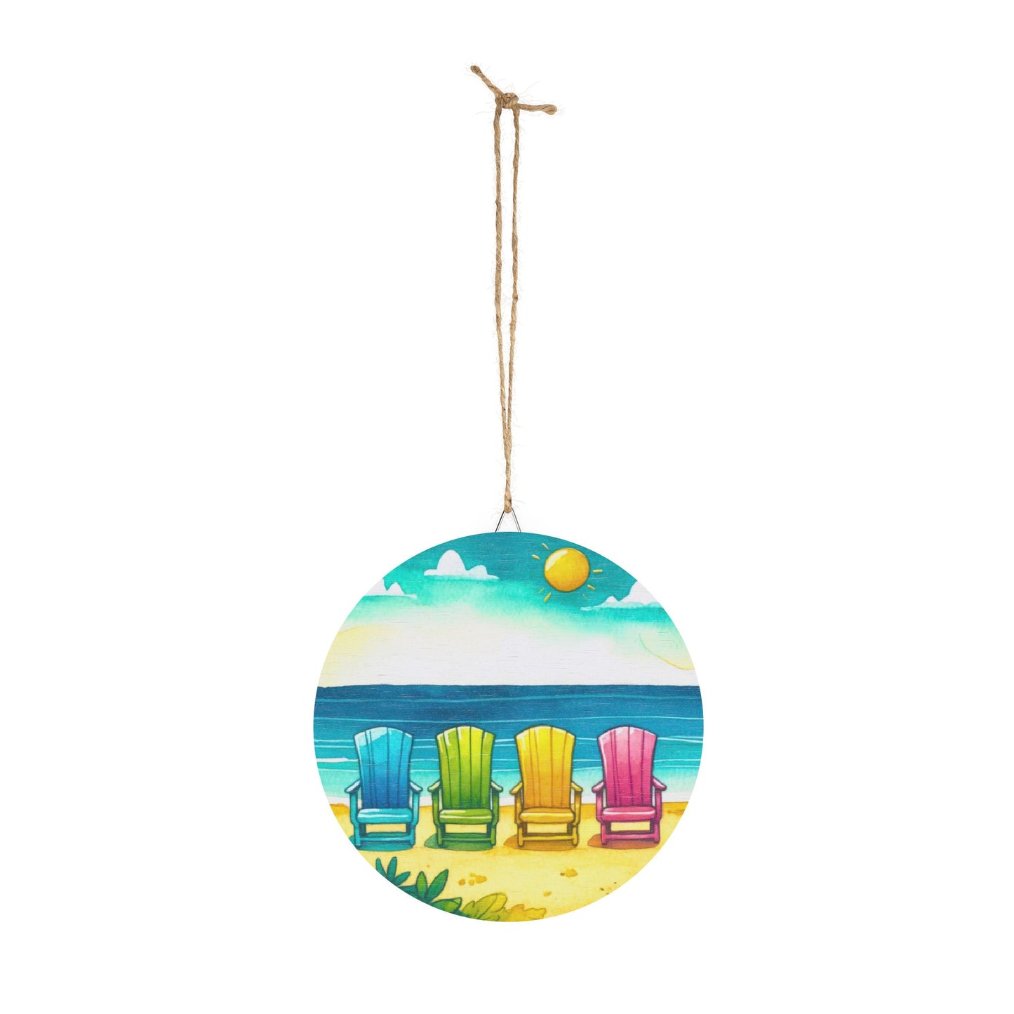 Beach Chairs Round Wood Sign - Colorful Coastal Wall Decor