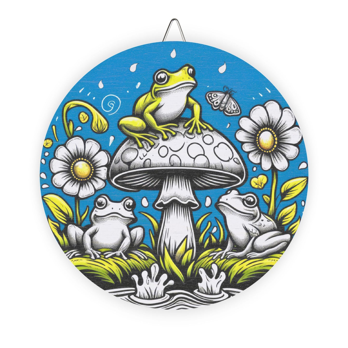 Frog Mushroom Round Wood Sign — Whimsical Garden Wall Art
