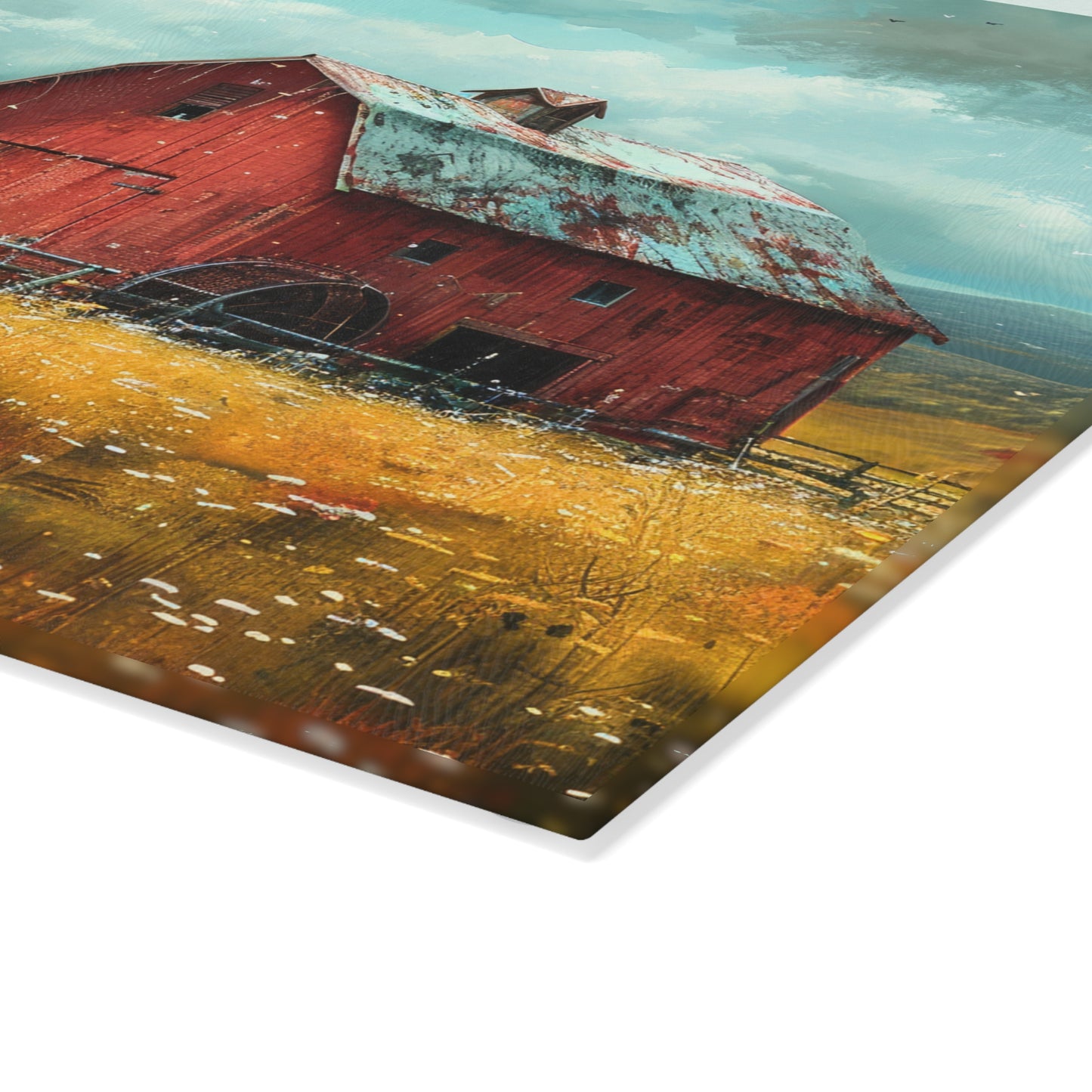 Vintage Tractor & Red Barn Glass Cutting Board — Kitchen Serving Board