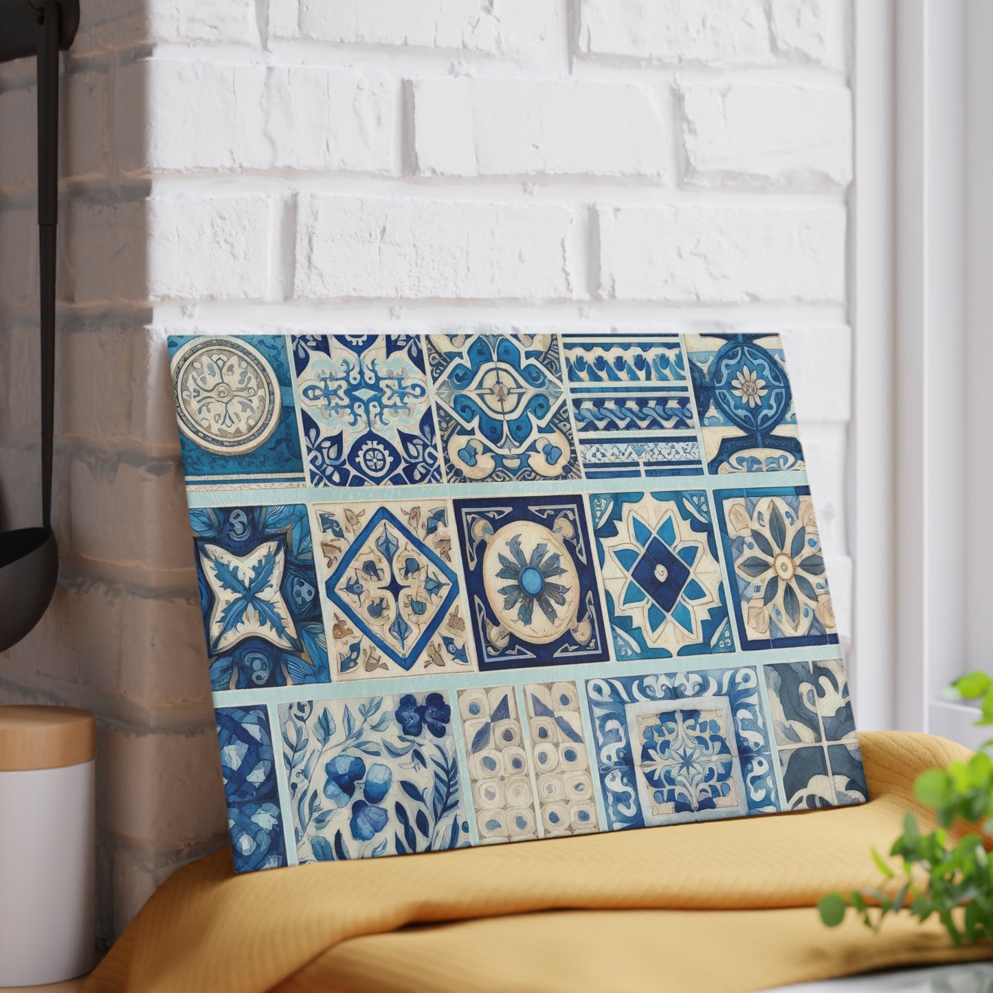 Blue Tile Pattern Glass Cutting Board — Mediterranean Mosaic Kitchen Board