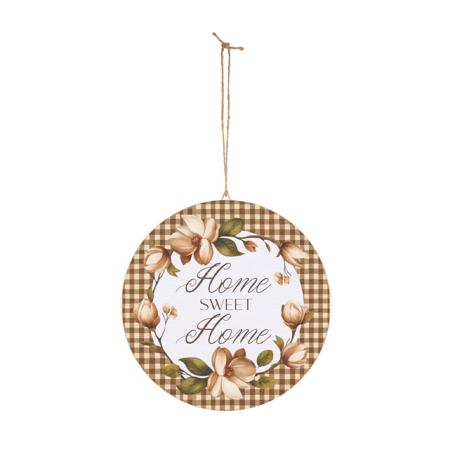 Wood Sign - "Home Sweet Home" Floral Gingham Round Wall Decor