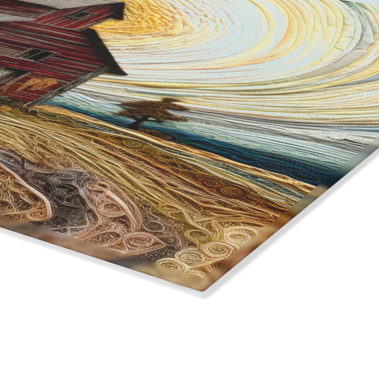 Barn Landscape Glass Cutting Board — Rustic Farmhouse Kitchen Art