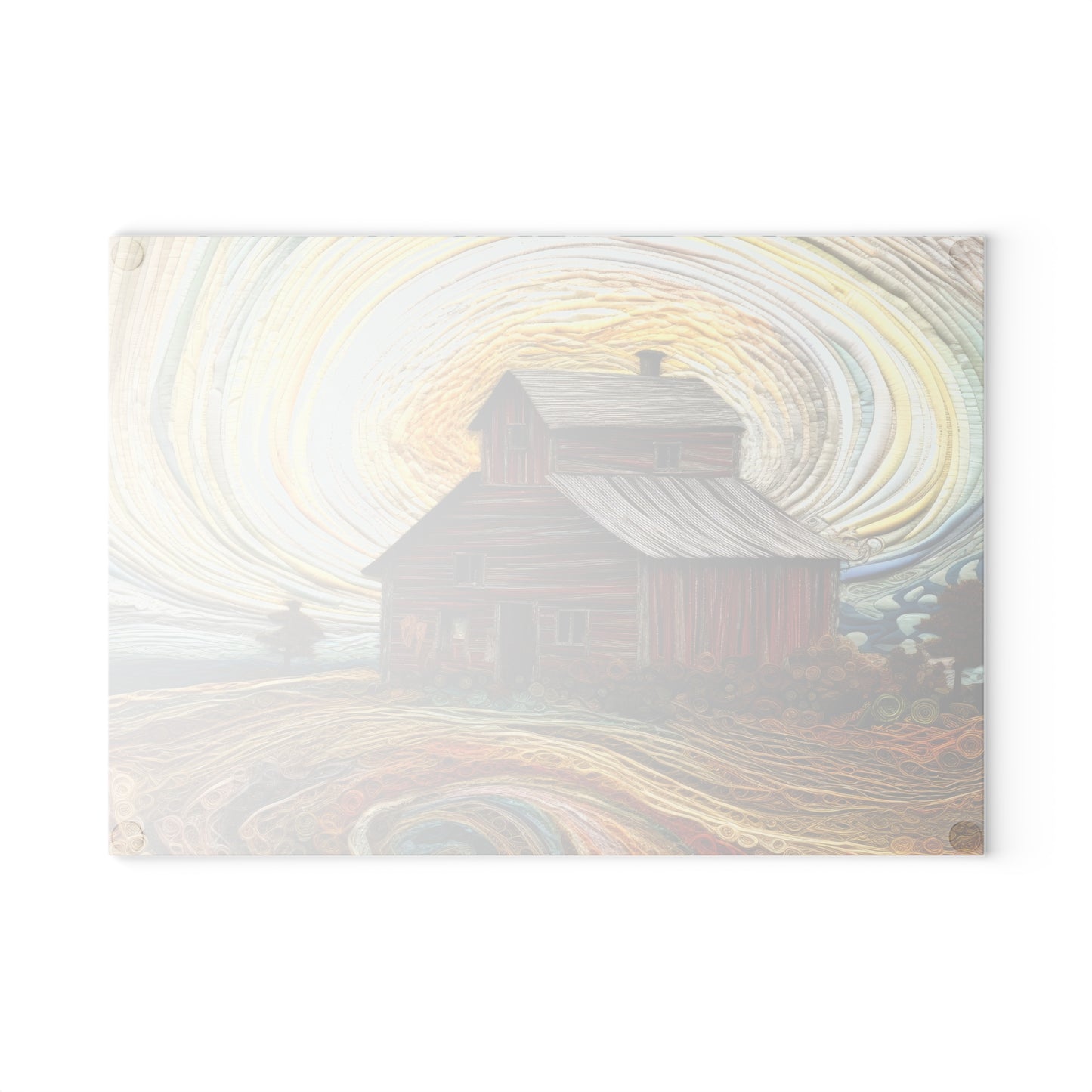 Barn Landscape Glass Cutting Board — Rustic Farmhouse Kitchen Art