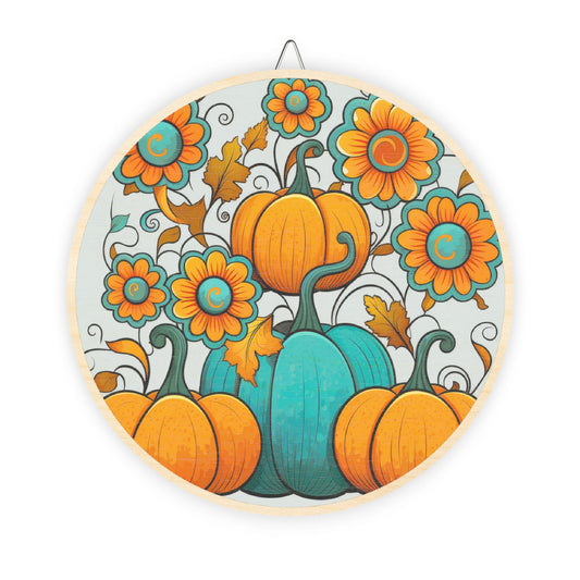 Round Autumn Pumpkin Wood Sign — Teal & Orange Fall Door Hanger