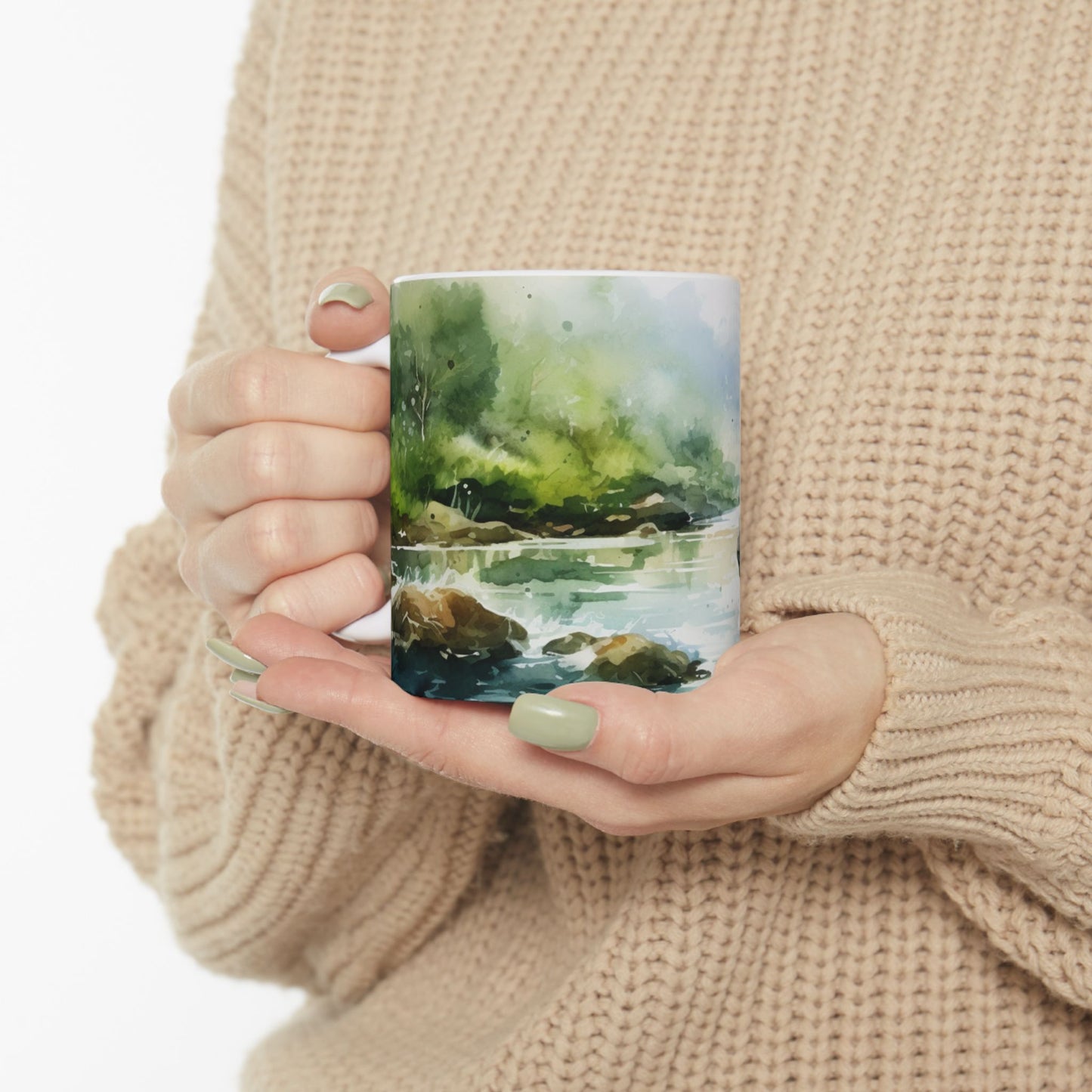 Fly Fishing Scenic Ceramic Mug — Angler River Landscape Coffee Cup (11oz, 15oz)