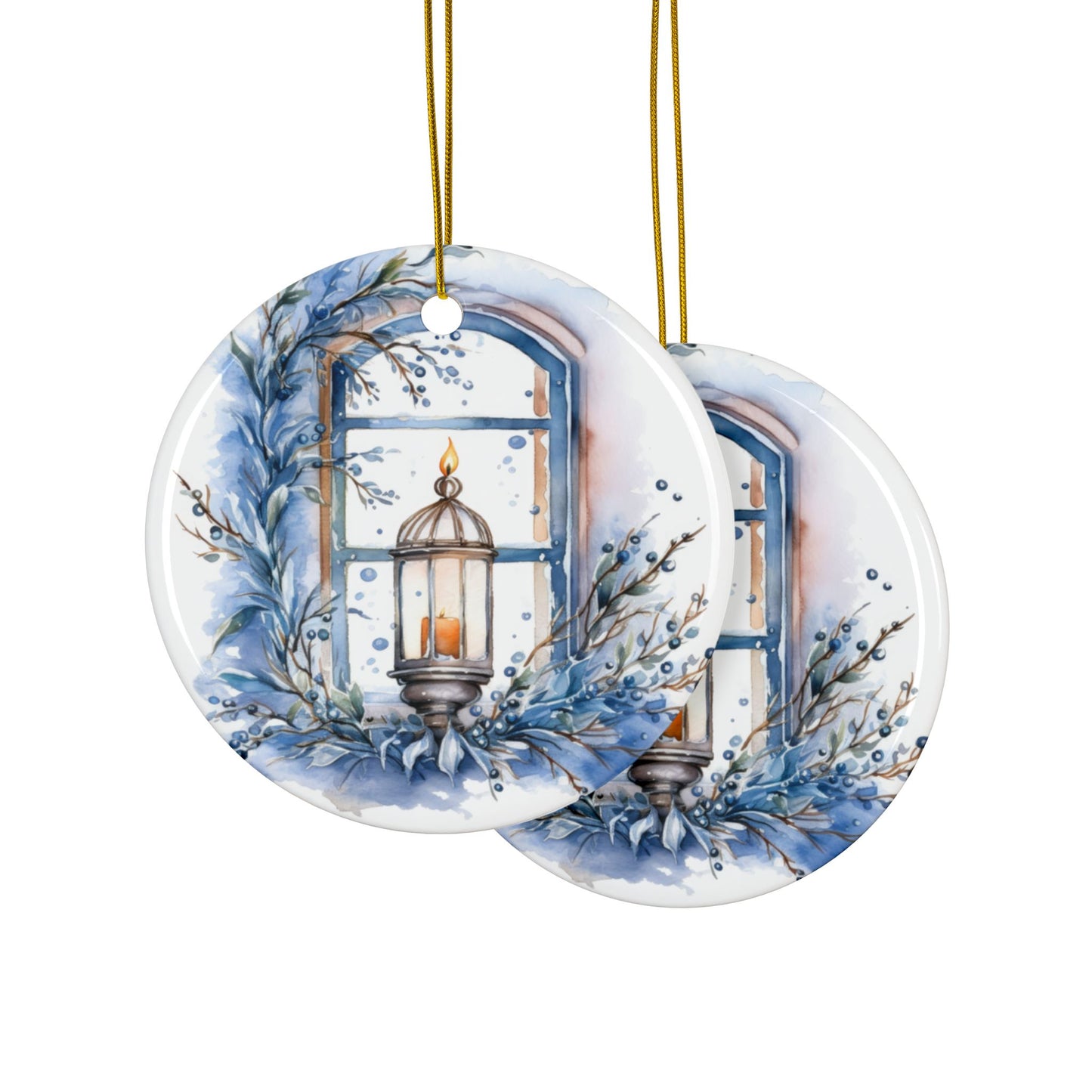 Blue  Lantern Ceramic Ornaments - 2-Sided Decorative Holiday Decor