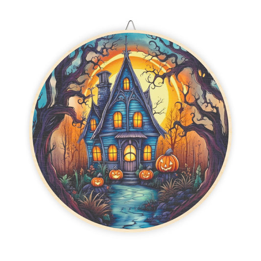 Halloween Haunted House Round Wood Sign — Spooky Pumpkin Porch Décor