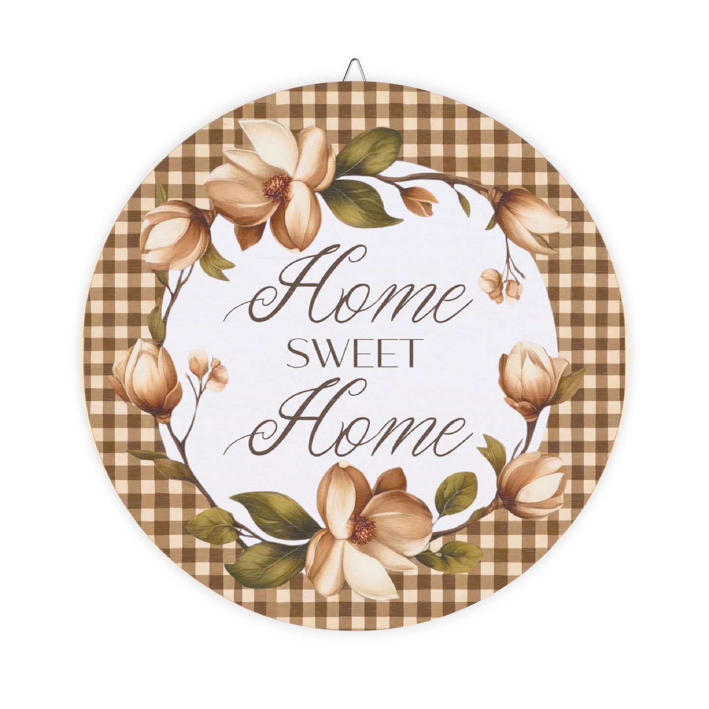 Wood Sign - "Home Sweet Home" Floral Gingham Round Wall Decor