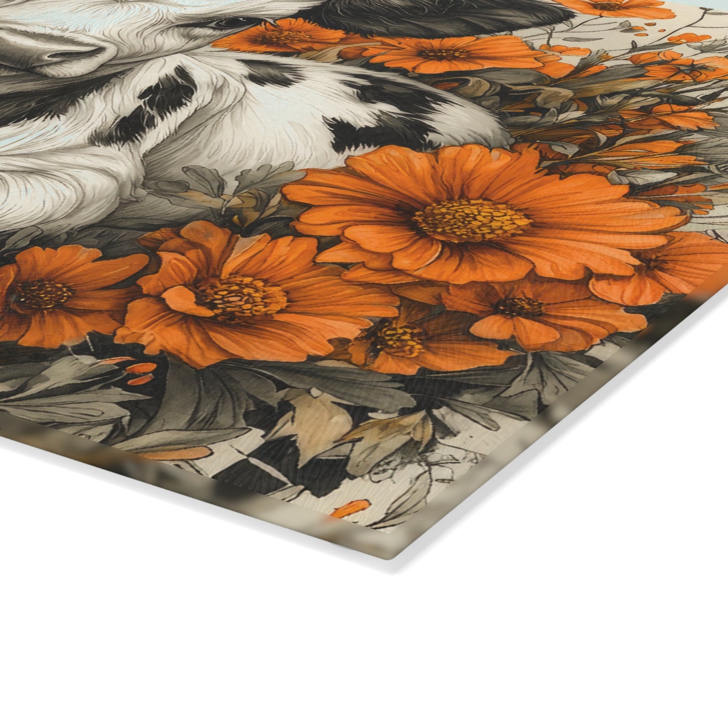 Cute Calf in Orange Wildflowers Glass Cutting Board — Decorative Chopping Board