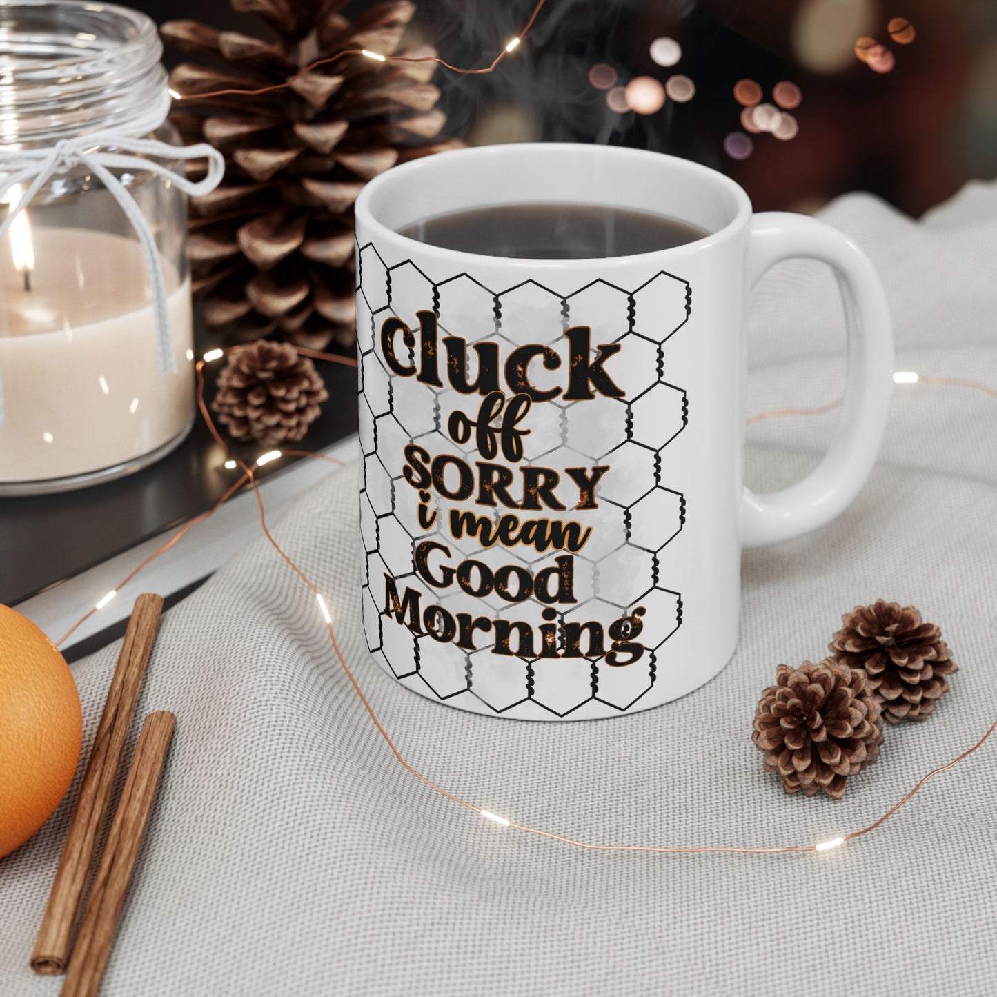 Rooster & Chicks Farmhouse Mug — "Cluck off, I'm on my coffee morning" Ceramic Coffee Cup (11oz, 15oz)