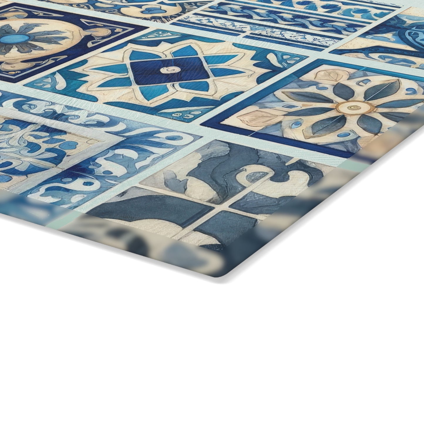 Blue Tile Pattern Glass Cutting Board — Mediterranean Mosaic Kitchen Board