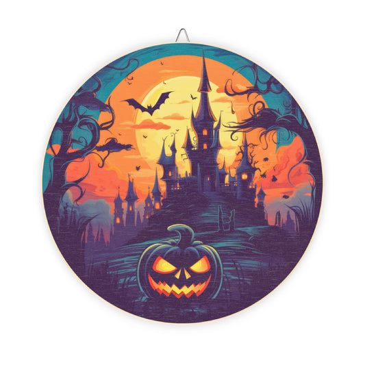 Halloween Haunted Castle Wood Sign — Spooky Pumpkin Wall Decor