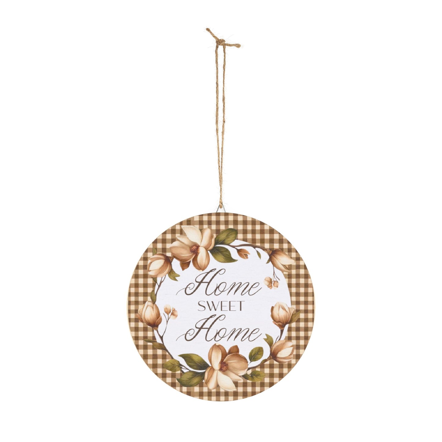 Wood Sign - "Home Sweet Home" Floral Gingham Round Wall Decor
