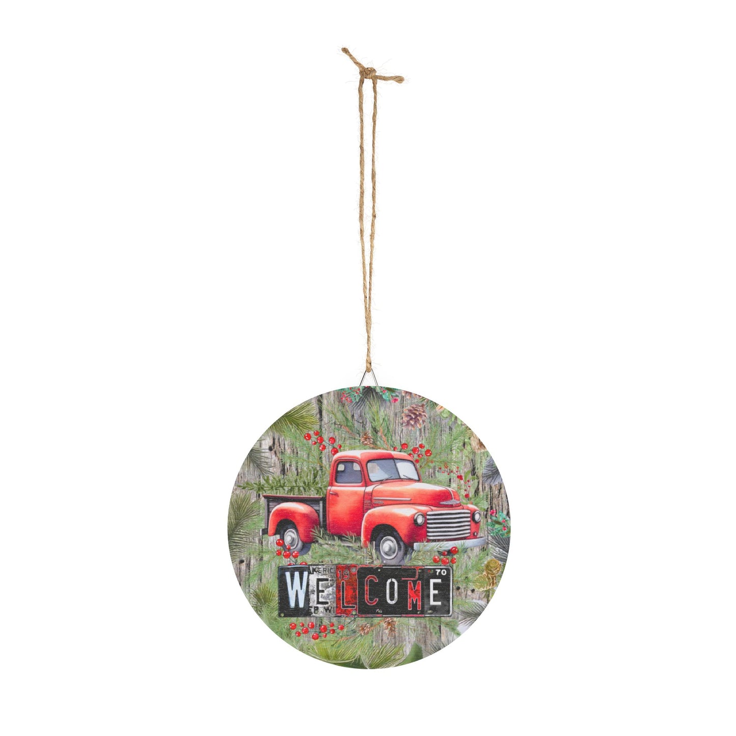 Welcome Red Truck Round Wood Sign — Rustic Farmhouse Décor for Porch, Entryway & Holiday (Welcome Text)