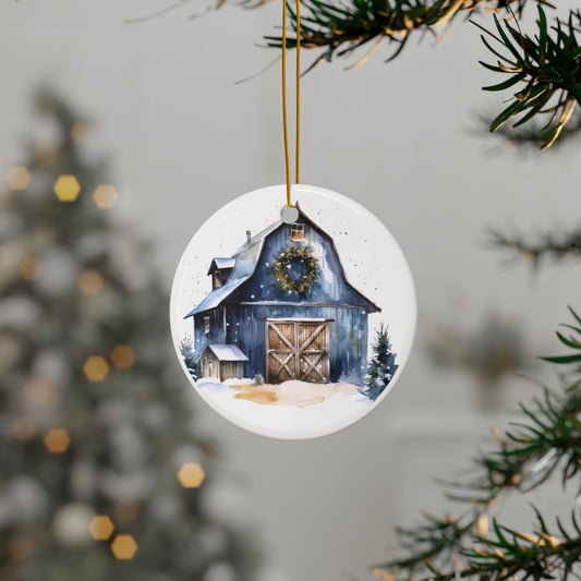 Rustic Winter Blue Barn Ceramic Ornaments - Holiday Decor