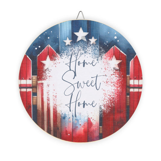 Patriotic “Home Sweet Home” Round Wood Sign — Americana Porch & Wall Decor